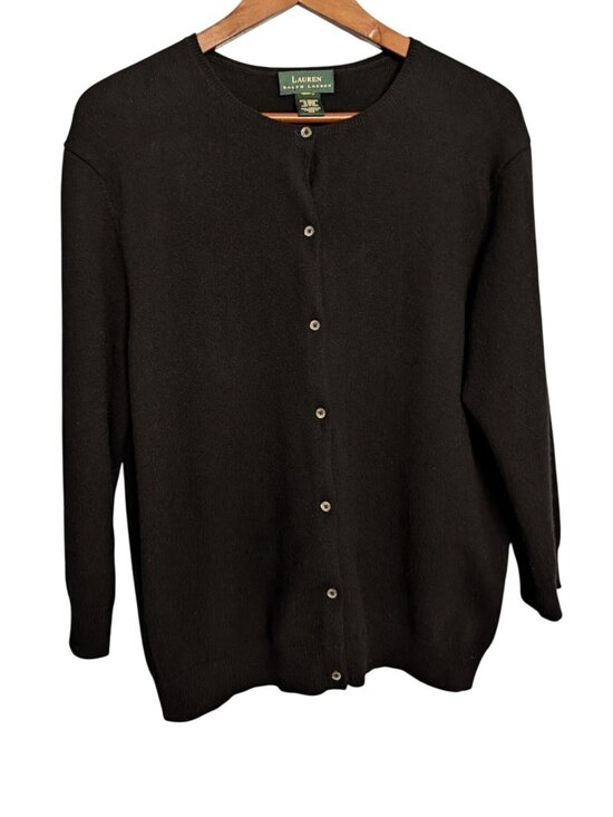 Lauren Ralph Lauren Sweaters - Lauren Ralph Lauren Womens Black 100% Cashmere Crewneck Button-Up Cardigan Sweat
